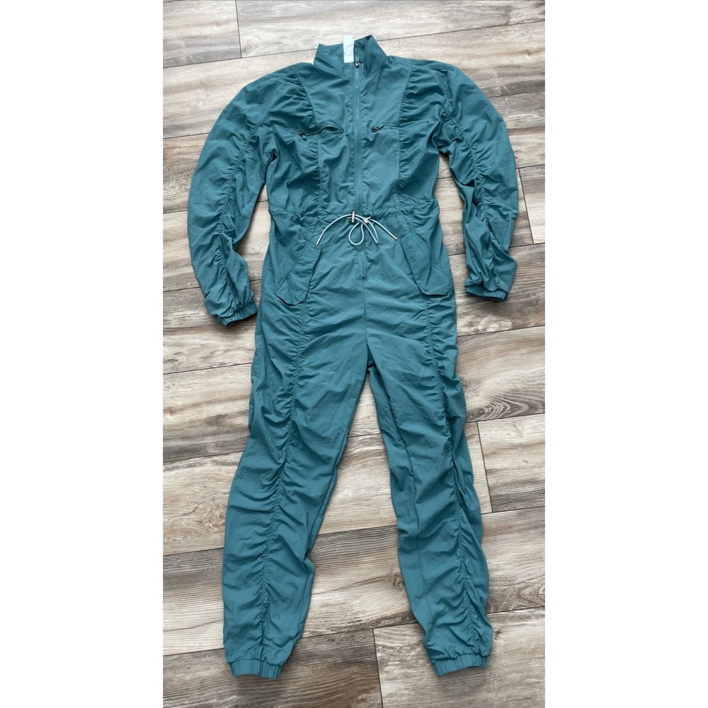 Fabletics McKenzie Jumpsuit Small Green Ruched Athleisure Zip Pocket Long Sleeve